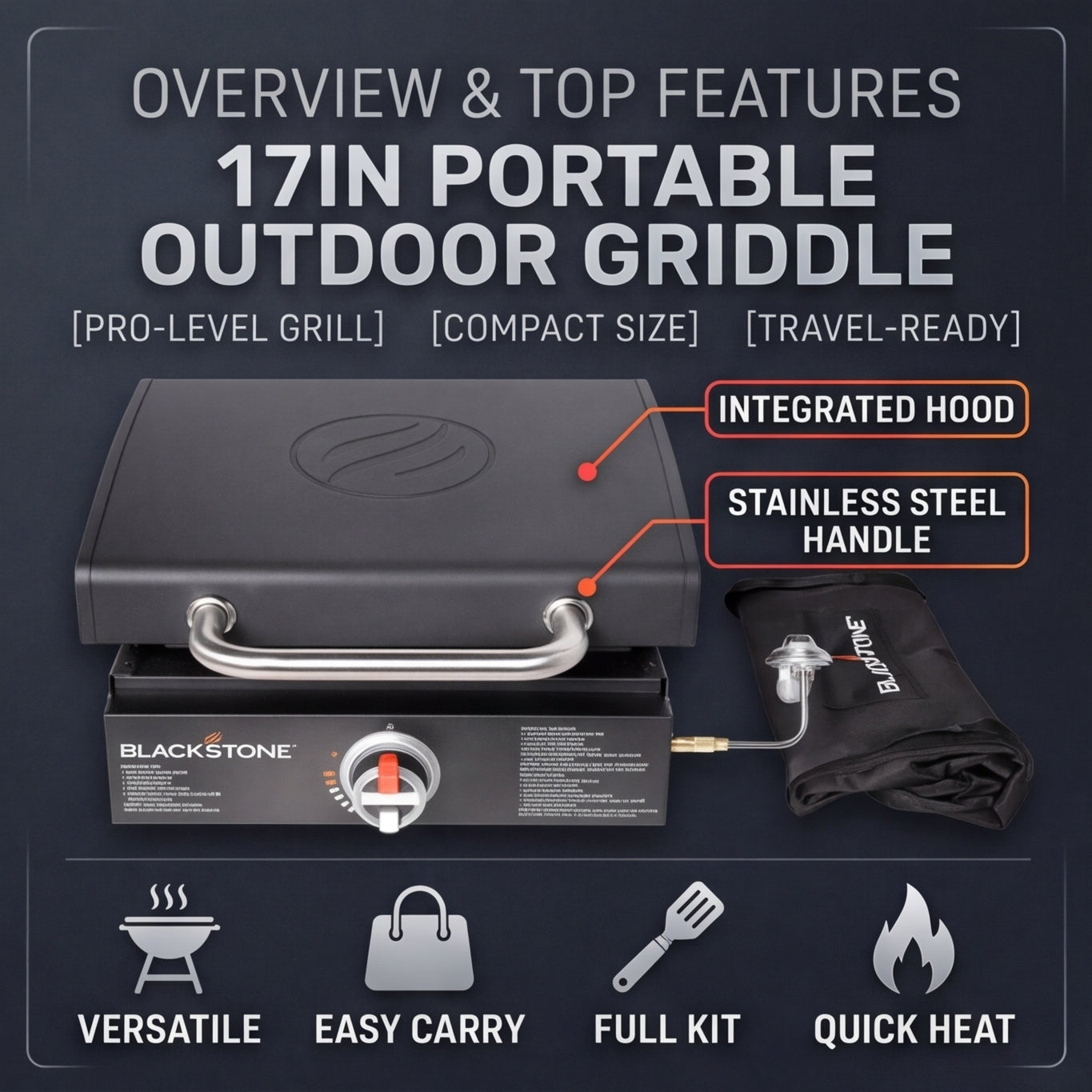 17" Portable Outdoor Griddle with Hood,Carry Bag & Tool Kit – Cook Anywhere, Anytime
