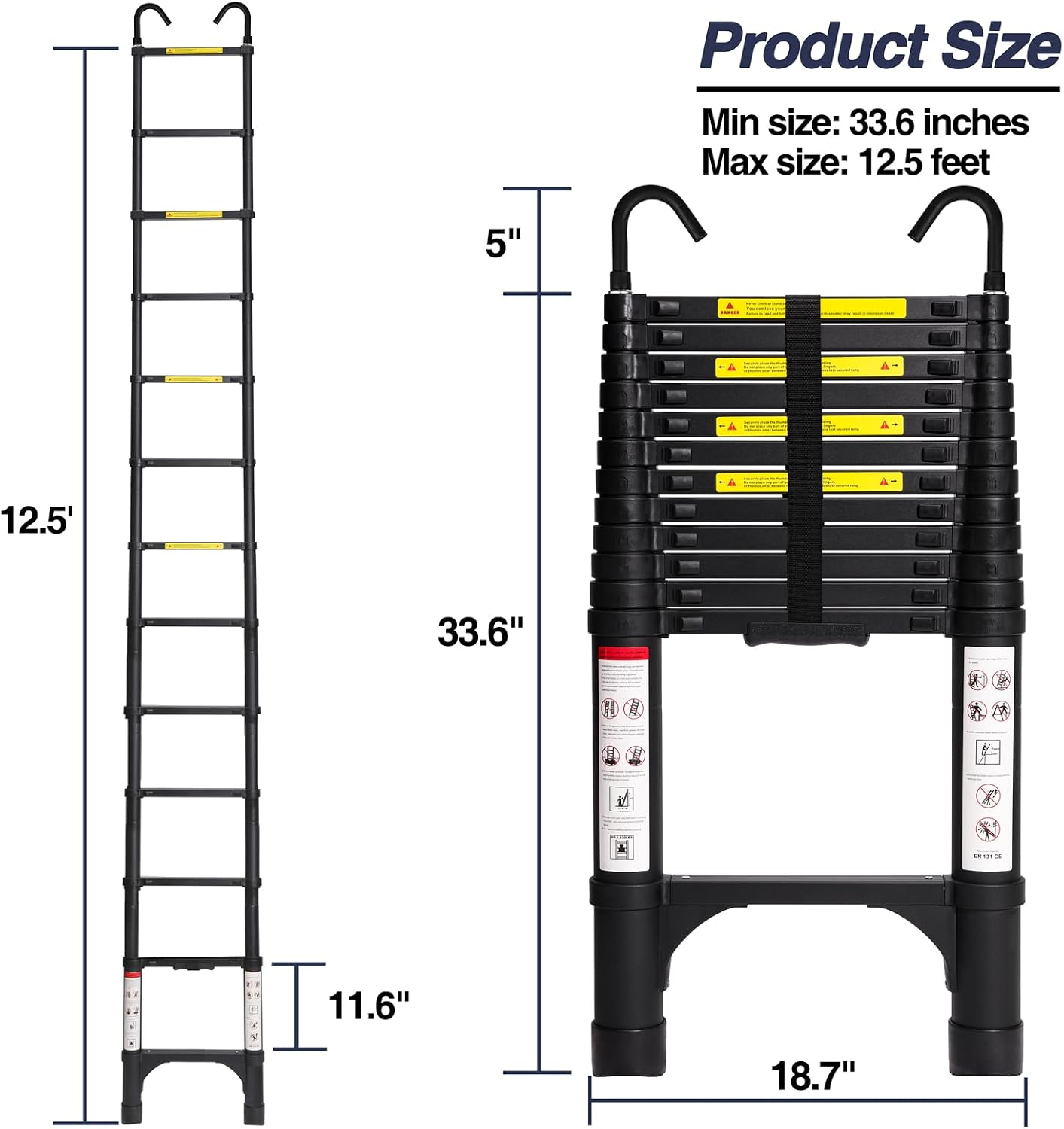Foldable Aluminum Telescopic Ladder, Multifunction Extension Ladder with Dual Triangular Stabilizers
