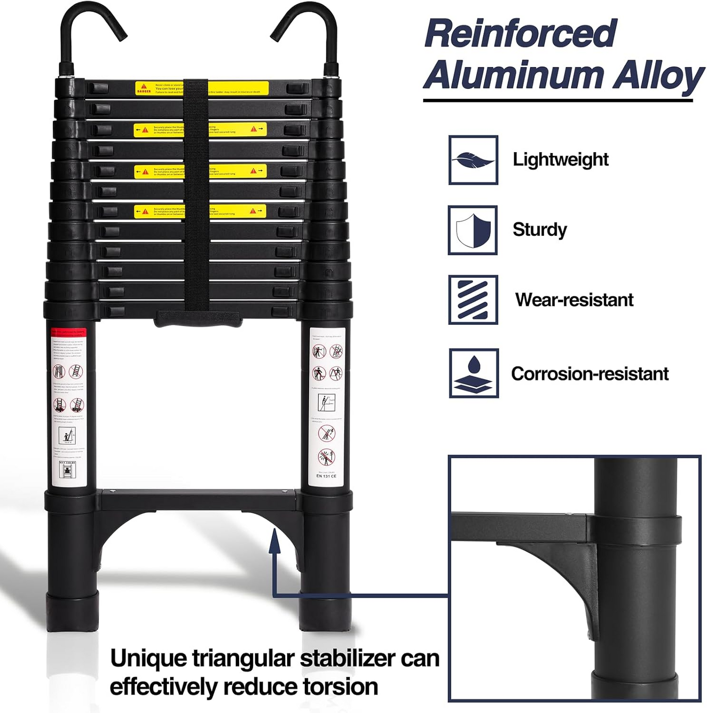 Foldable Aluminum Telescopic Ladder, Multifunction Extension Ladder with Dual Triangular Stabilizers