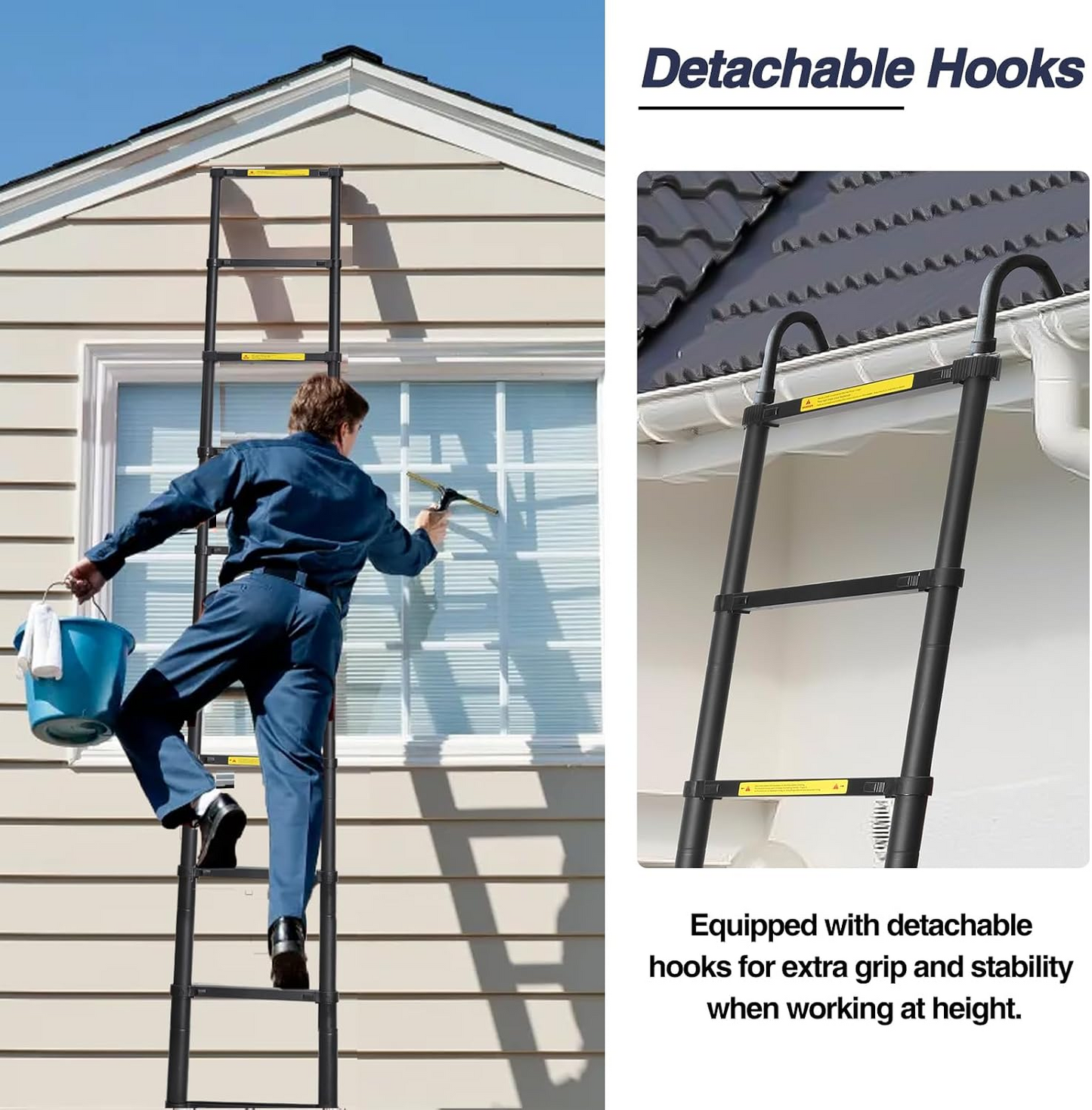 Foldable Aluminum Telescopic Ladder, Multifunction Extension Ladder with Dual Triangular Stabilizers