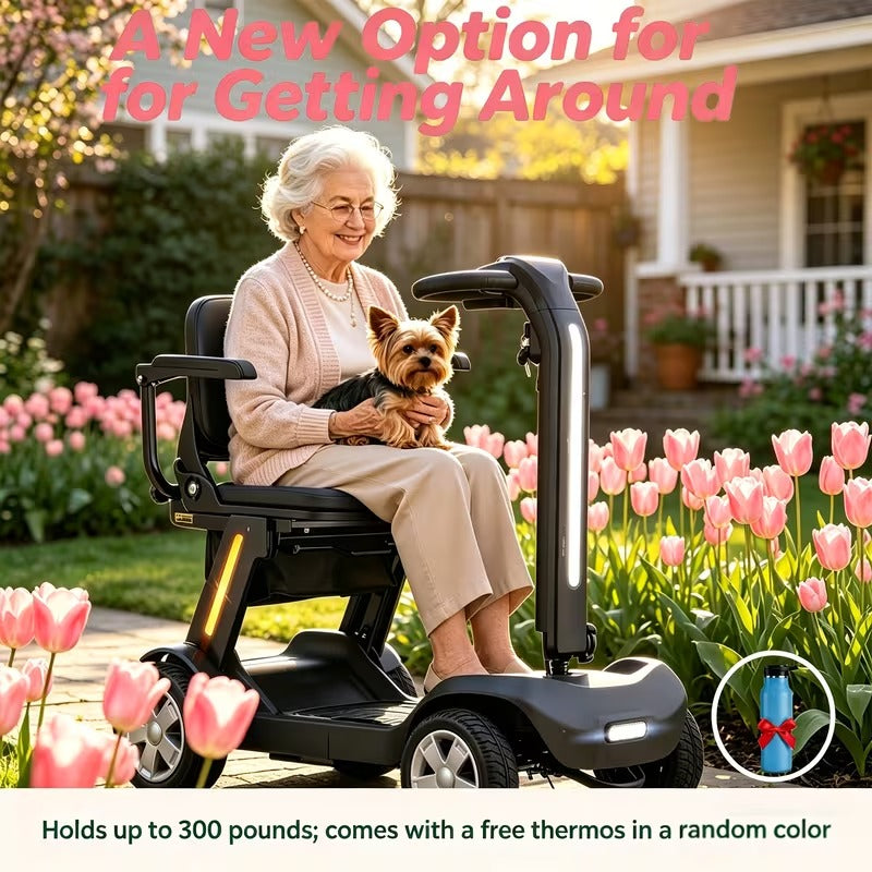 Lightweight Foldable 4-Wheel Mobility Scooter for Seniors – 14 Miles Long Range Electric Scooter with 300W Motor & Lithium Battery