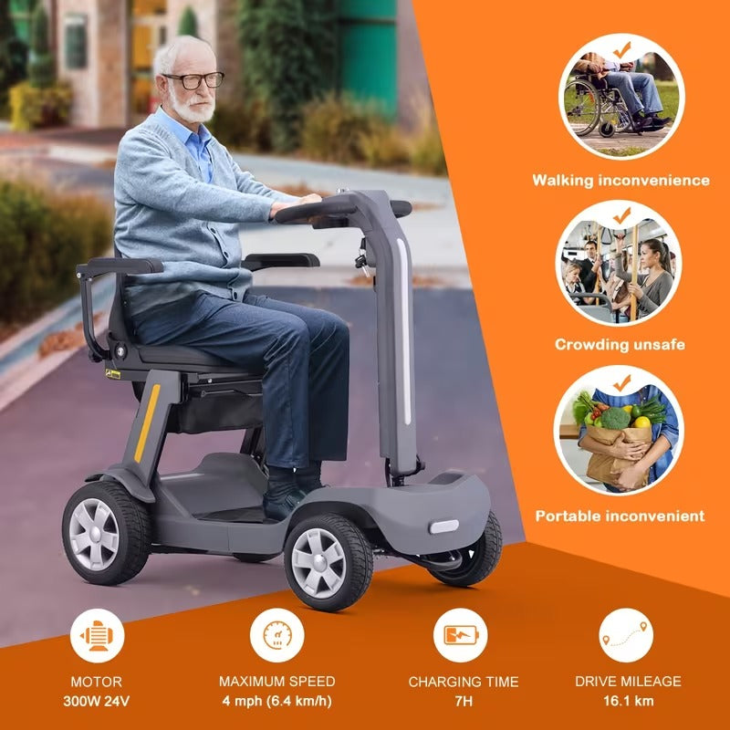 Lightweight Foldable 4-Wheel Mobility Scooter for Seniors – 14 Miles Long Range Electric Scooter with 300W Motor & Lithium Battery